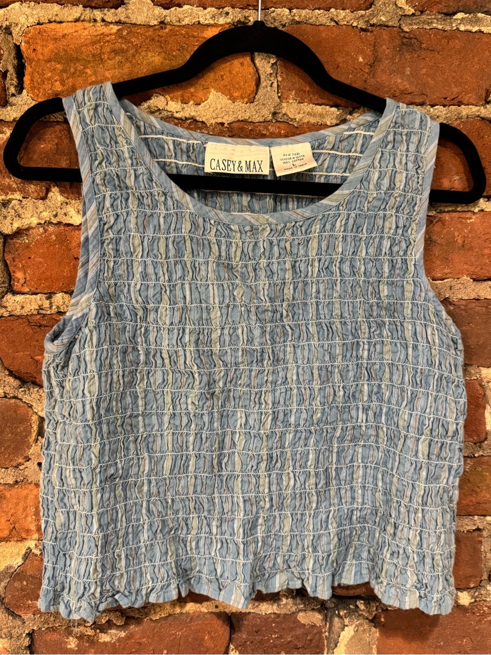 Vintage Casey & Max Blue and Green Smocked Sleeveless Tank Top (100% Cotton)